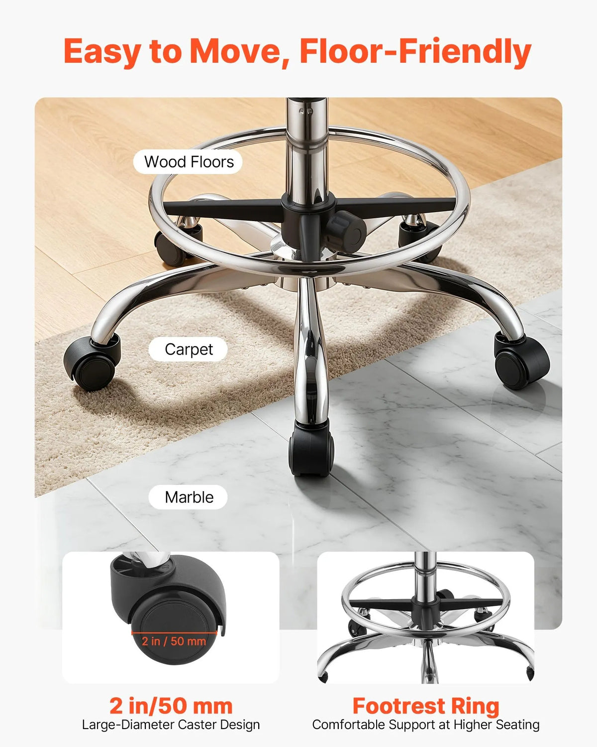 VEVOR Round Stool with Wheels and Footrest, 226.8 kg, Adjustable Height, PU Leather, Black