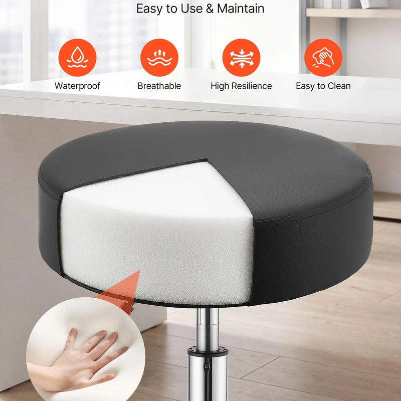 VEVOR mobilais krēsls ar riteņiem un kāju balstu, kravnesība 226,8 kg, regulējama augstuma ergonomisks krēsls ar biezu PU ādas sēdekli, 360° grozāms apaļš krēsls salonam, klīnikai un medicīnas iestādēm, melns