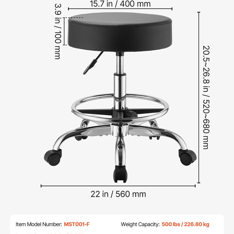 VEVOR mobilais krēsls ar riteņiem un kāju balstu, kravnesība 226,8 kg, regulējama augstuma ergonomisks krēsls ar biezu PU ādas sēdekli, 360° grozāms apaļš krēsls salonam, klīnikai un medicīnas iestādēm, melns