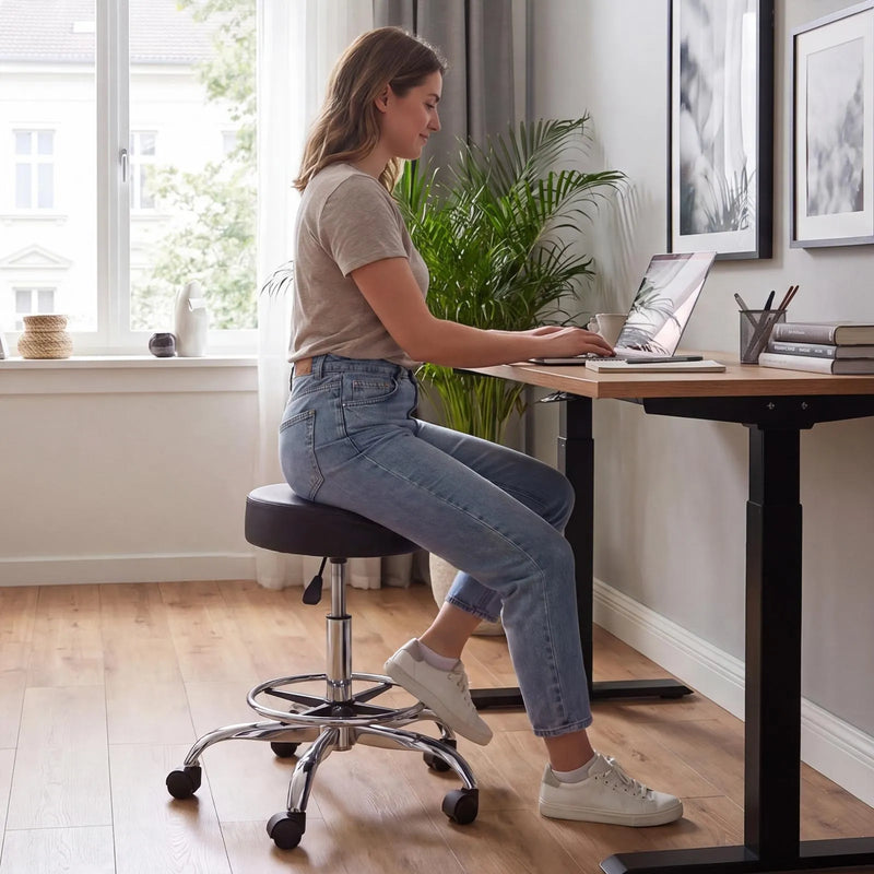 VEVOR mobilais krēsls ar riteņiem un kāju balstu, kravnesība 226,8 kg, regulējama augstuma ergonomisks krēsls ar biezu PU ādas sēdekli, 360° grozāms apaļš krēsls salonam, klīnikai un medicīnas iestādēm, melns