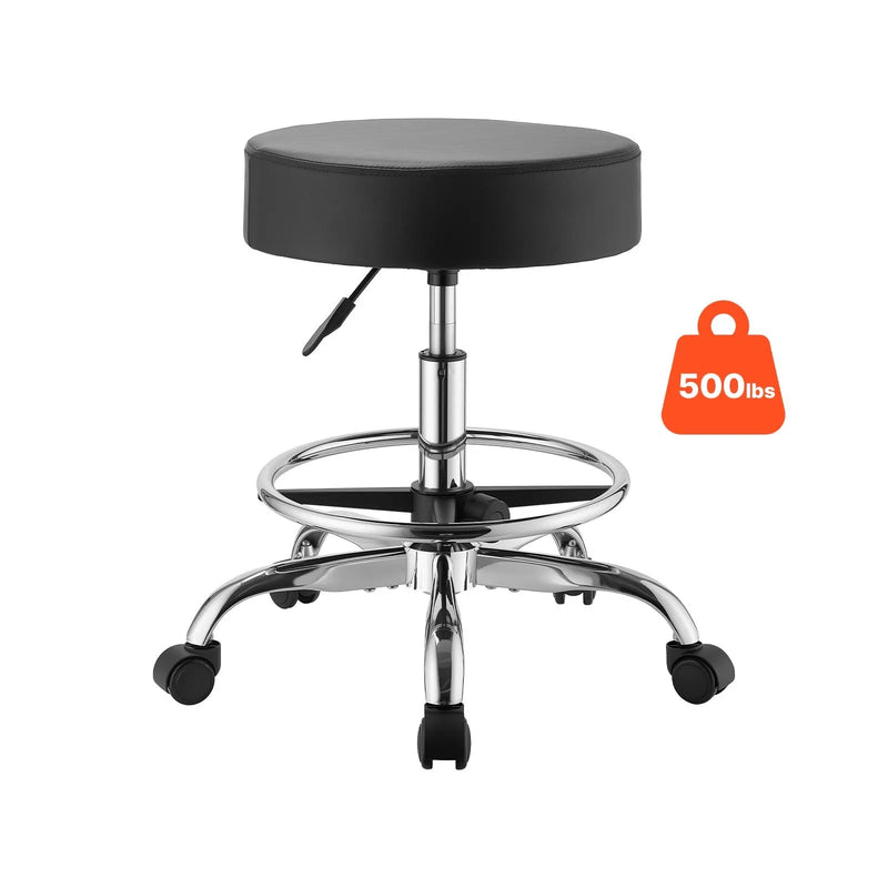 VEVOR mobilais krēsls ar riteņiem un kāju balstu, kravnesība 226,8 kg, regulējama augstuma ergonomisks krēsls ar biezu PU ādas sēdekli, 360° grozāms apaļš krēsls salonam, klīnikai un medicīnas iestādēm, melns