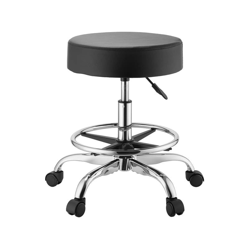 VEVOR mobilais krēsls ar riteņiem un kāju balstu, kravnesība 226,8 kg, regulējama augstuma ergonomisks krēsls ar biezu PU ādas sēdekli, 360° grozāms apaļš krēsls salonam, klīnikai un medicīnas iestādēm, melns