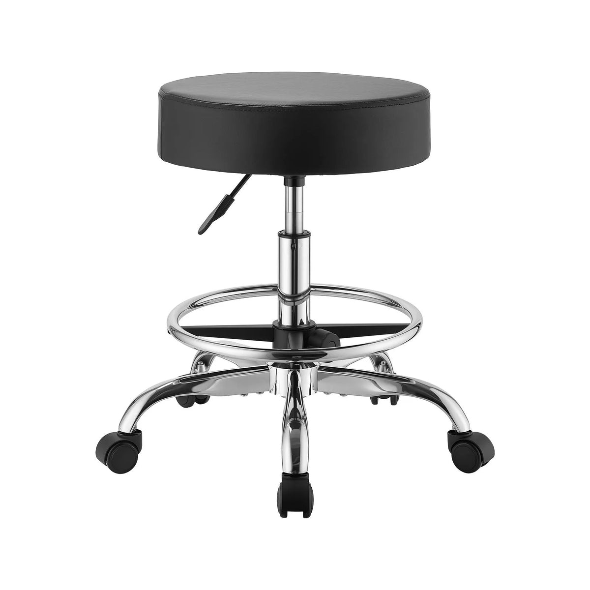 VEVOR Round Stool with Wheels and Footrest, 226.8 kg, Adjustable Height, PU Leather, Black