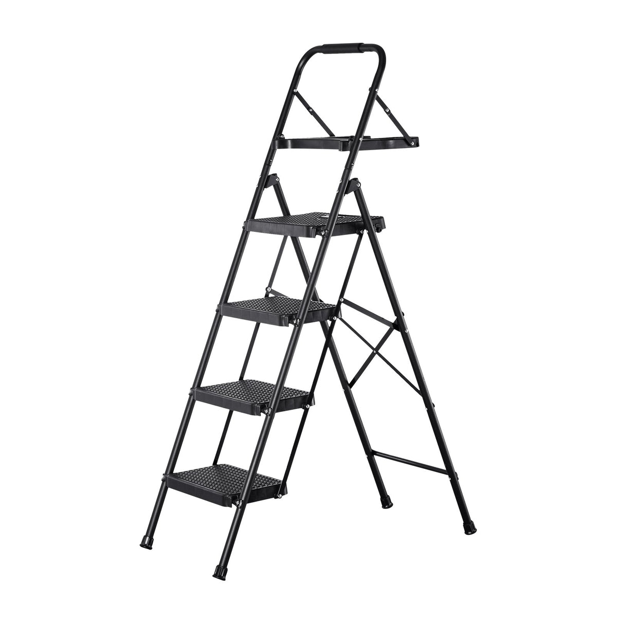 VEVOR 4 pakāpienu kāpnes, saliekams pakāpiens ar platu neslīdošu platformu, instrumentu paplāti, ērtu rokturi, 272 kg nestspēja, tērauda, mājai, virtuvei un birojam, melnas - ZEMLETES.LV