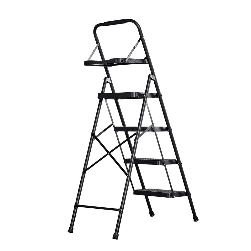 VEVOR 4 pakāpienu kāpnes, saliekams pakāpiens ar platu neslīdošu platformu, instrumentu paplāti, ērtu rokturi, 272 kg nestspēja, tērauda, mājai, virtuvei un birojam, melnas - ZEMLETES.LV