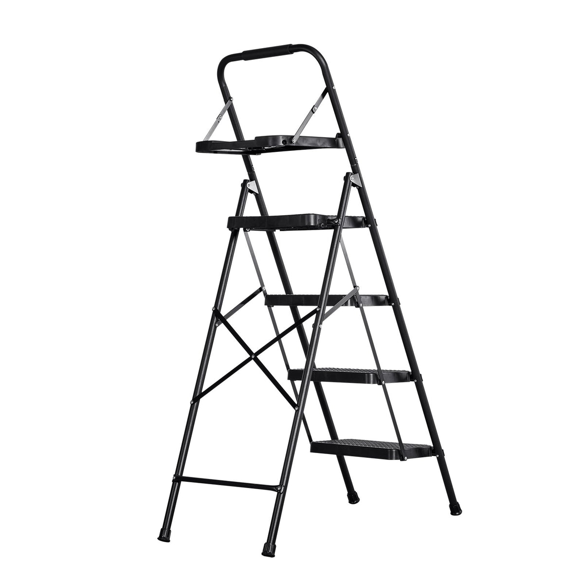 VEVOR 4 pakāpienu kāpnes, saliekams pakāpiens ar platu neslīdošu platformu, instrumentu paplāti, ērtu rokturi, 272 kg nestspēja, tērauda, mājai, virtuvei un birojam, melnas - ZEMLETES.LV