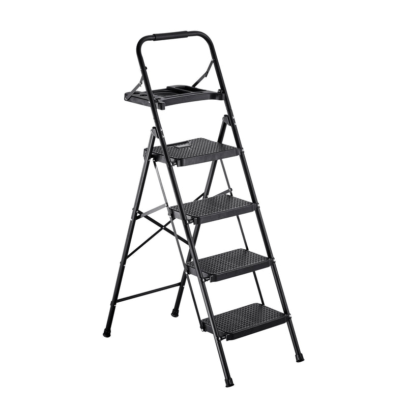 VEVOR 4 pakāpienu kāpnes, saliekams pakāpiens ar platu neslīdošu platformu, instrumentu paplāti, ērtu rokturi, 272 kg nestspēja, tērauda, mājai, virtuvei un birojam, melnas - ZEMLETES.LV