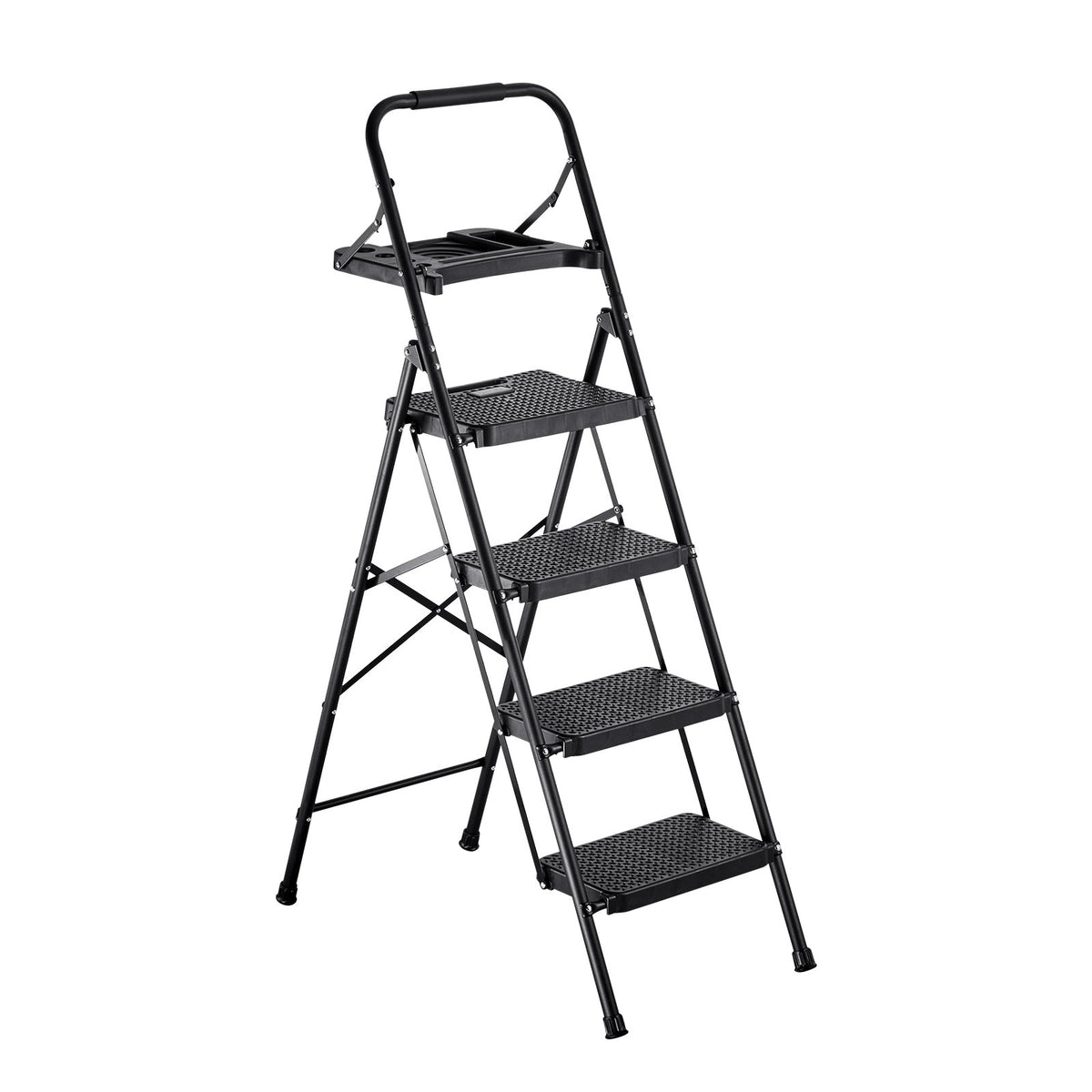 VEVOR 4 pakāpienu kāpnes, saliekams pakāpiens ar platu neslīdošu platformu, instrumentu paplāti, ērtu rokturi, 272 kg nestspēja, tērauda, mājai, virtuvei un birojam, melnas - ZEMLETES.LV