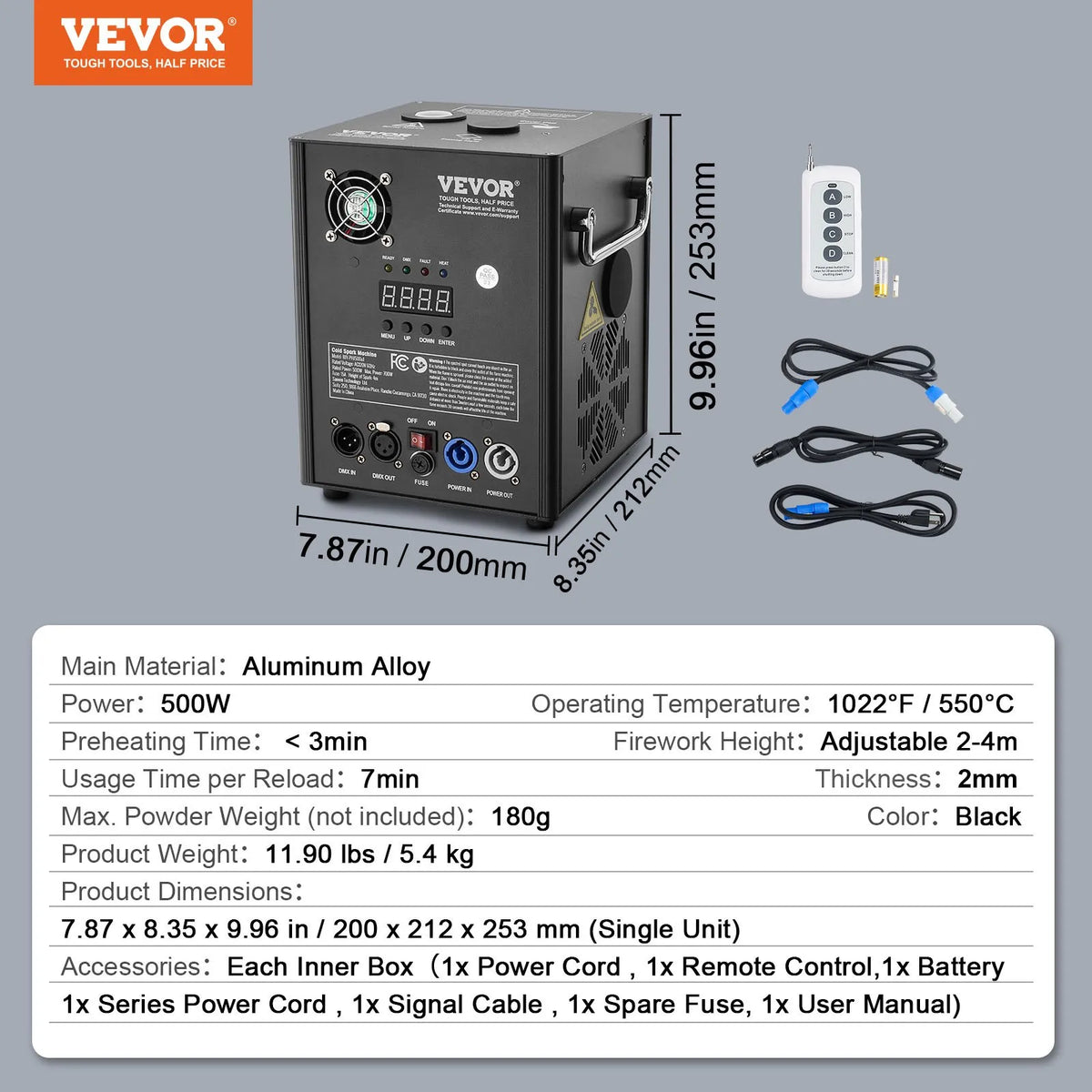 VEVOR Auksto dzirksteļu mašīna 500 W, regulējams augstums 2–4 m, DMX sistēma, LED ekrāns, rokturis, izturīgs alumīnija korpuss, skatuvei, DJ, kāzām un pasākumiem - ZEMLETES.LV