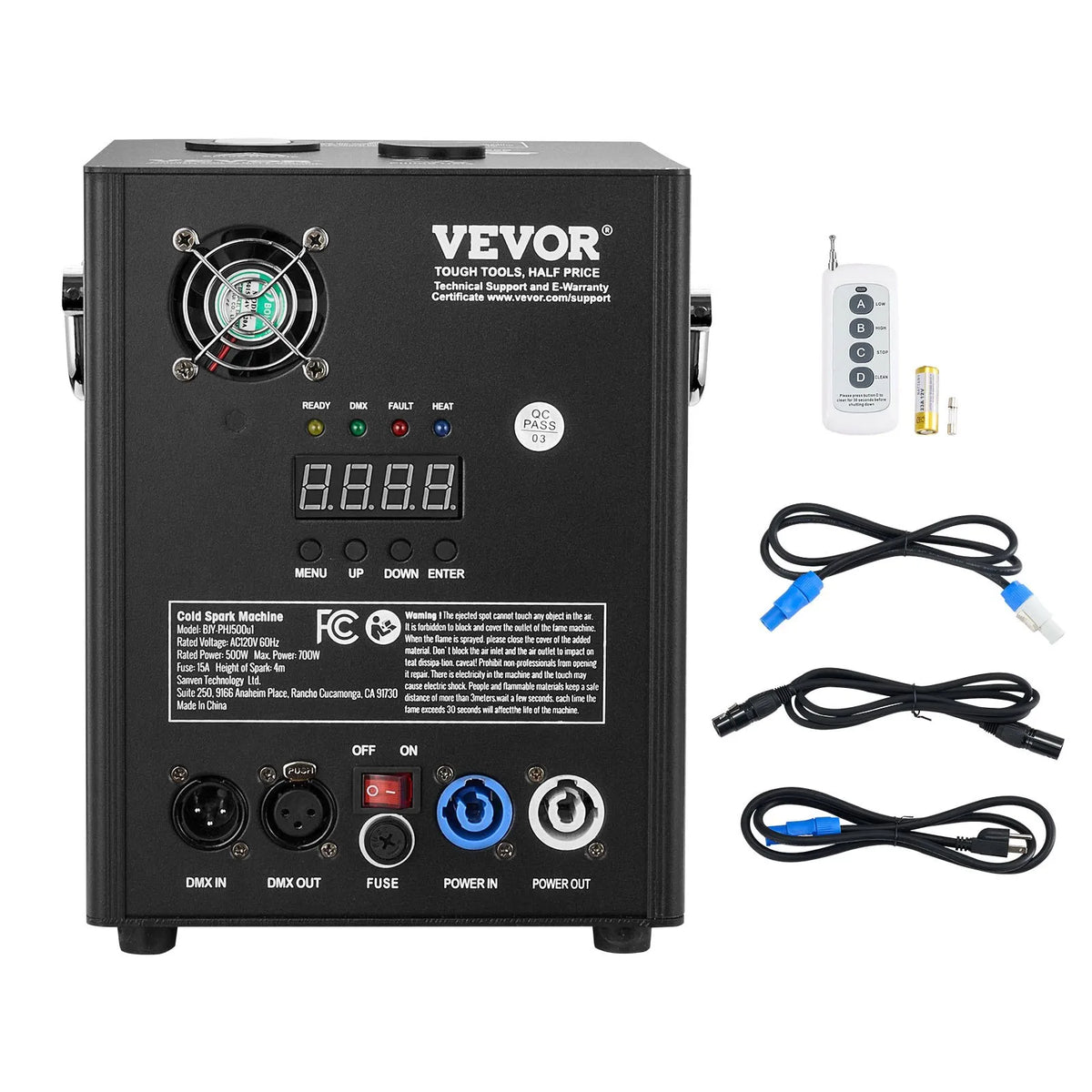 VEVOR Auksto dzirksteļu mašīna 500 W, regulējams augstums 2–4 m, DMX sistēma, LED ekrāns, rokturis, izturīgs alumīnija korpuss, skatuvei, DJ, kāzām un pasākumiem - ZEMLETES.LV