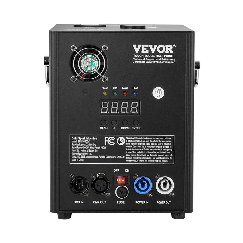 VEVOR Auksto dzirksteļu mašīna 500 W, regulējams augstums 2–4 m, DMX sistēma, LED ekrāns, rokturis, izturīgs alumīnija korpuss, skatuvei, DJ, kāzām un pasākumiem - ZEMLETES.LV