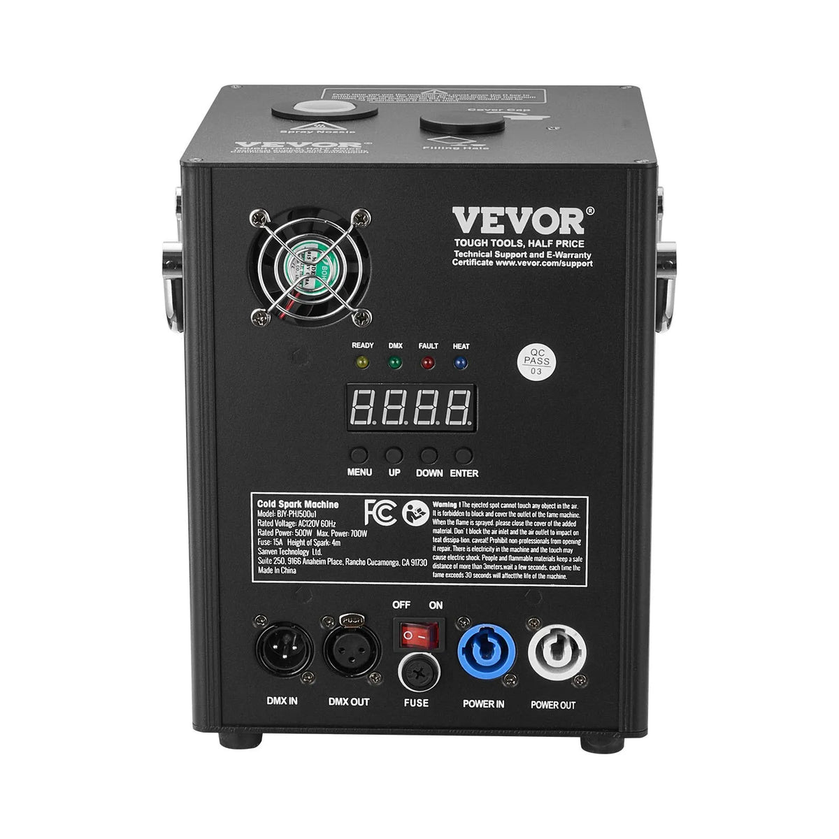 VEVOR Auksto dzirksteļu mašīna 500 W, regulējams augstums 2–4 m, DMX sistēma, LED ekrāns, rokturis, izturīgs alumīnija korpuss, skatuvei, DJ, kāzām un pasākumiem - ZEMLETES.LV