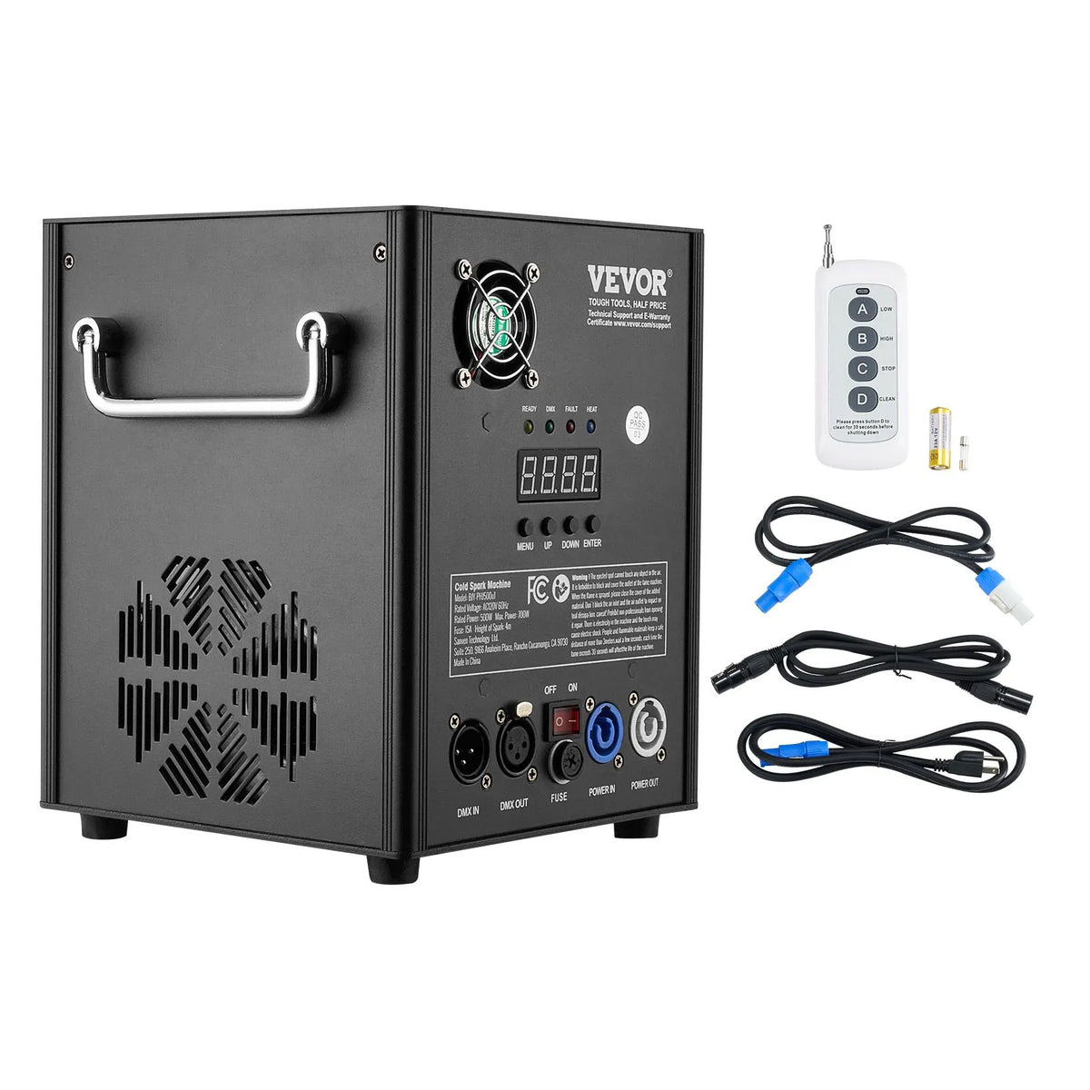 VEVOR Auksto dzirksteļu mašīna 500 W, regulējams augstums 2–4 m, DMX sistēma, LED ekrāns, rokturis, izturīgs alumīnija korpuss, skatuvei, DJ, kāzām un pasākumiem - ZEMLETES.LV