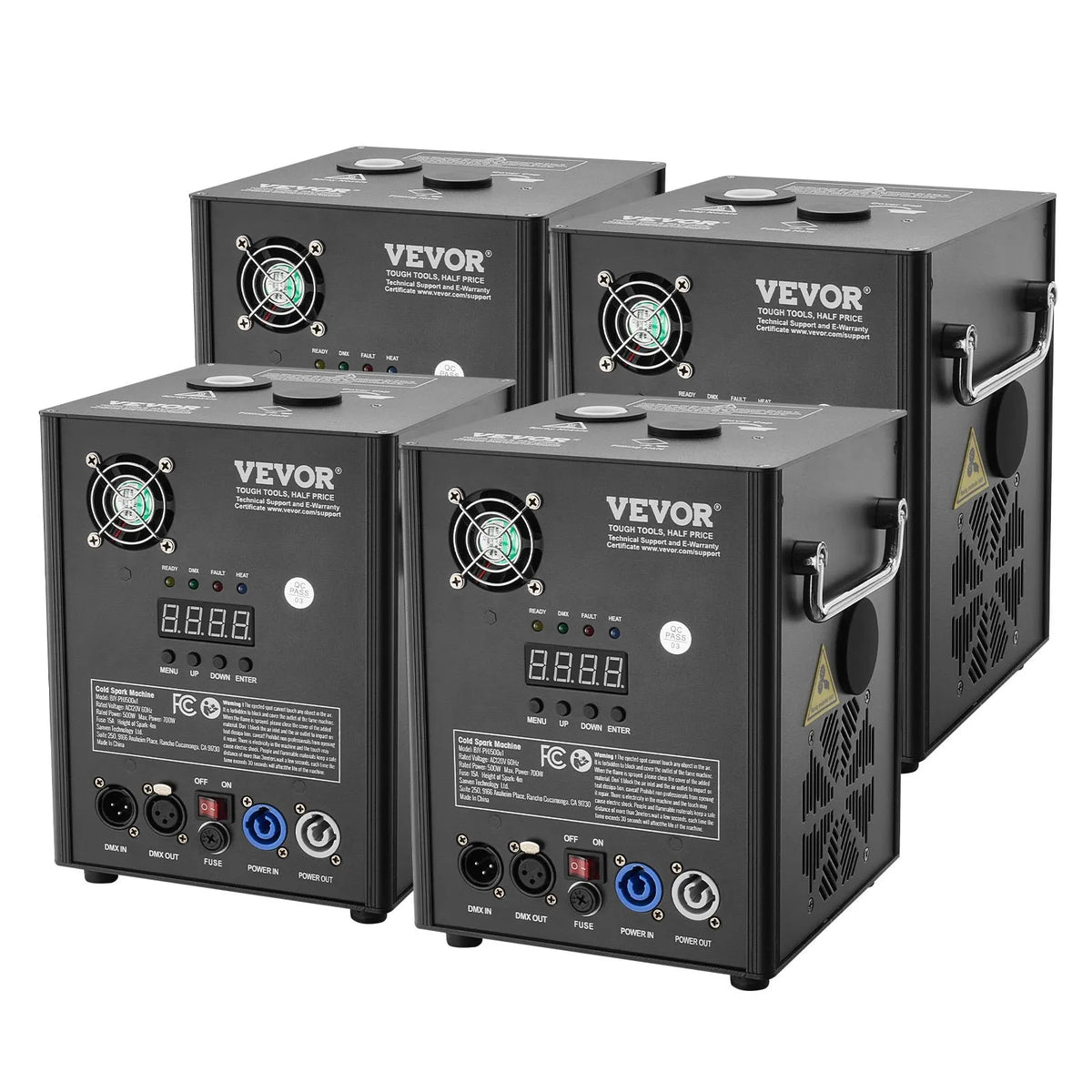 VEVOR Auksto dzirksteļu mašīna 4 gab., 500 W, regulējams augstums 2–4 m, DMX sistēma, LED ekrāns, rokturis, alumīnija korpuss, skatuvei, DJ, kāzām un pasākumiem - ZEMLETES.LV