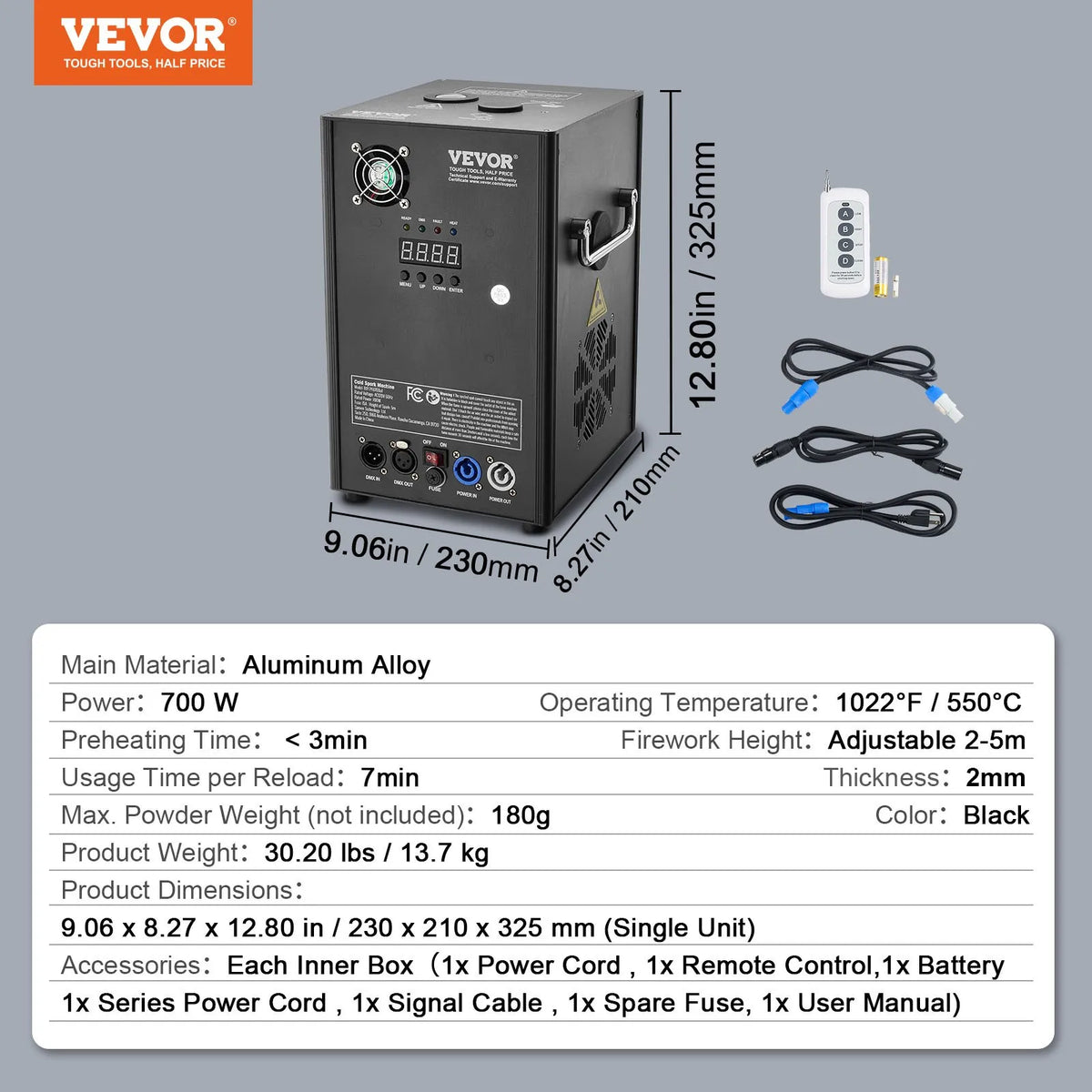 VEVOR Auksto dzirksteļu mašīna 2 gab., 700 W, regulējams augstums 2–5 m, DMX sistēma, LED ekrāns, rokturis, alumīnija korpuss, skatuvei, DJ, kāzām un pasākumiem - ZEMLETES.LV