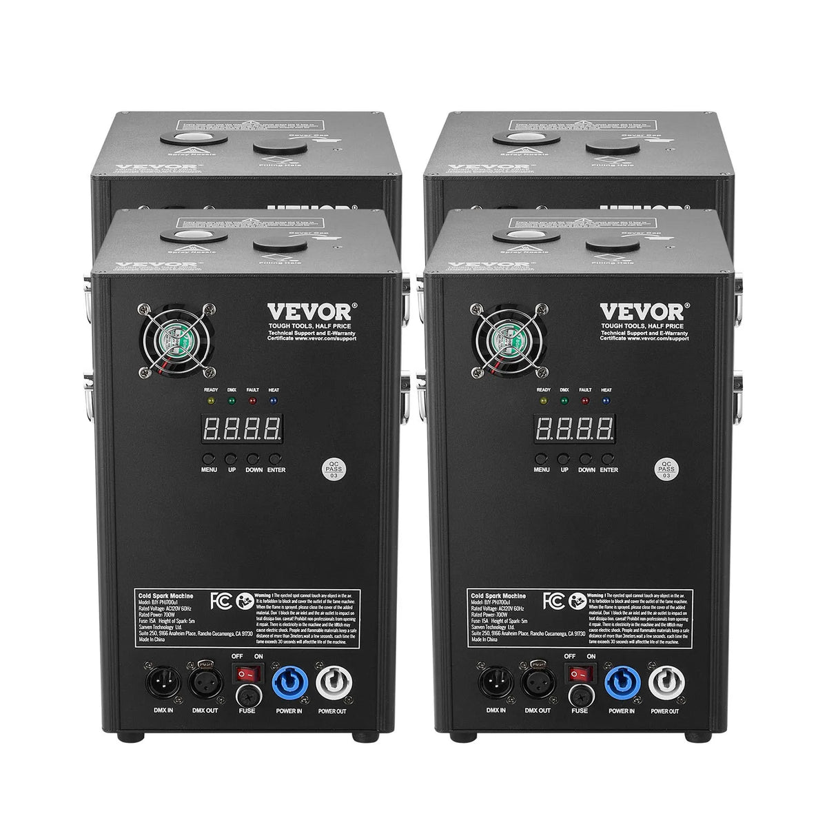 VEVOR Auksto dzirksteļu mašīna 4 gab., 700 W, regulējams augstums 2–5 m, DMX sistēma, LED ekrāns, rokturis, alumīnija korpuss, skatuvei, DJ, kāzām un pasākumiem - ZEMLETES.LV