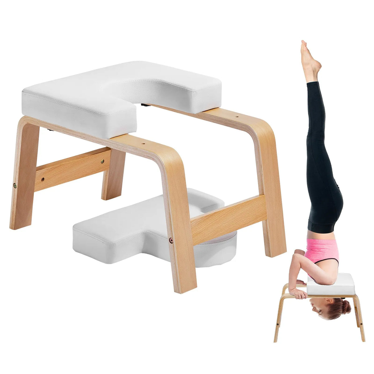 VEVOR jogas galvasstājas sols, 136 kg nestspēja, inversijas krēsls mājas sporta zālei ar koka rāmi un PU polsterējumu, jogas statīva krēsls spēka un līdzsvara treniņiem, noguruma mazināšanai, balts - ZEMLETES.LV
