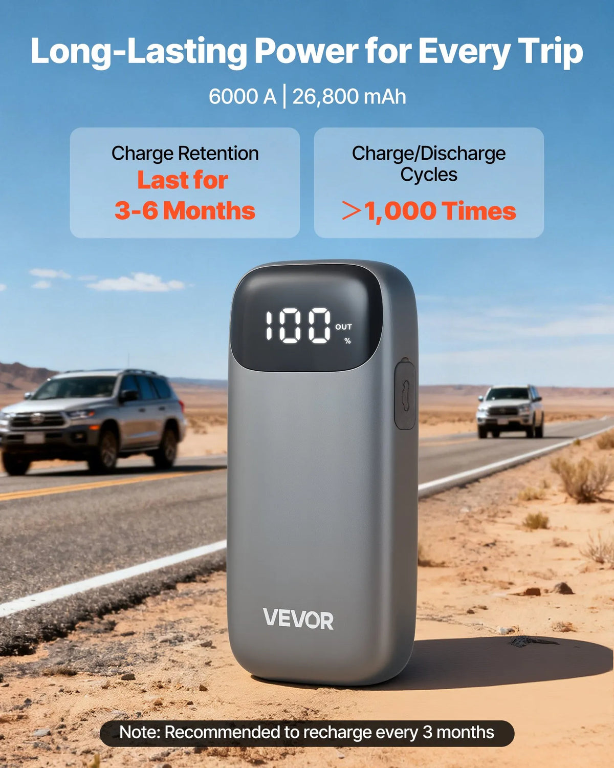VEVOR automašīnas akumulatora starteris, 6000 A pīķa strāva, 12 V portatīvs litija akumulatora palaidējs ar jaudas banku, 3 režīmu lukturītis un starta kabeļi, paredzēts līdz 10 l benzīna un 10 l dīzeļdzinējiem - ZEMLETES.LV