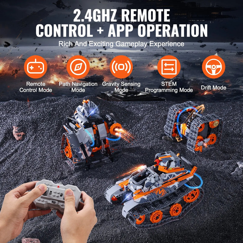 VEVOR STEM konstruktors bērniem 5-in-1, 554 detaļu kluču komplekts ar tālvadību un lietotnes vadību, RC automašīna, robots, tanks, Rubika kubs un sniega tīrītājs, programmējams STEM robots bērniem no 6 gadiem