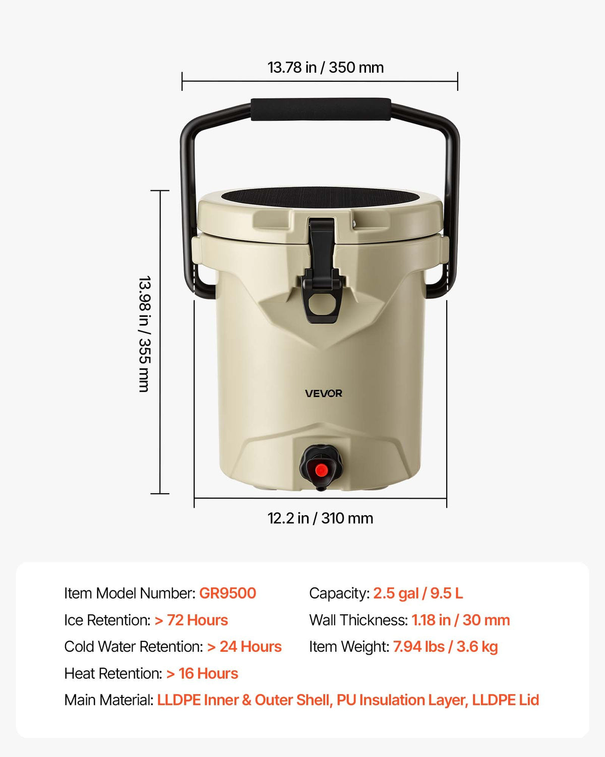 VEVOR izolēts dzērienu dozators, 9,5 l, karstiem un aukstiem dzērieniem, ar krānu, fiksējamu vāku un pārnēsāšanas rokturi