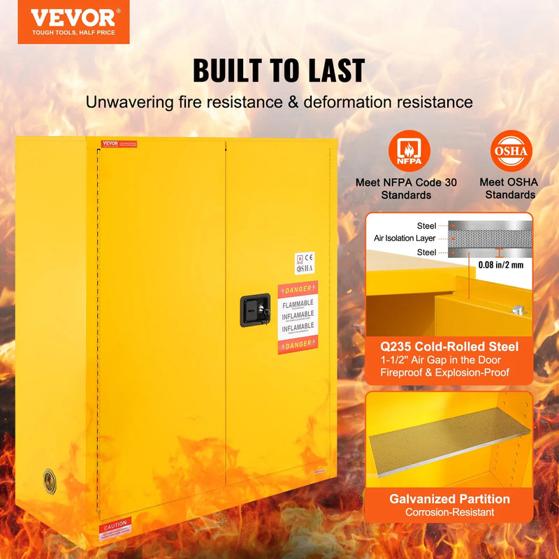 VEVOR 128,7 l uzliesmojošu šķidrumu drošības skapis 1095 × 460 × 1273 mm, Q235 auksti velmēta tērauda skapis ar 1 regulējamu plauktu, 2 manuāli aizveramām durvīm, ventilāciju un zemējumu, rūpnieciskai lietošanai, dzeltens.