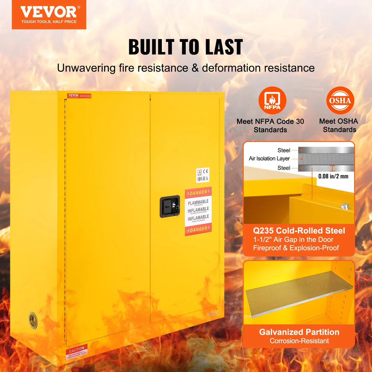 VEVOR 128,7 l uzliesmojošu šķidrumu drošības skapis 1095 × 460 × 1273 mm, Q235 auksti velmēta tērauda skapis ar 1 regulējamu plauktu, 2 manuāli aizveramām durvīm, ventilāciju un zemējumu, rūpnieciskai lietošanai, dzeltens.