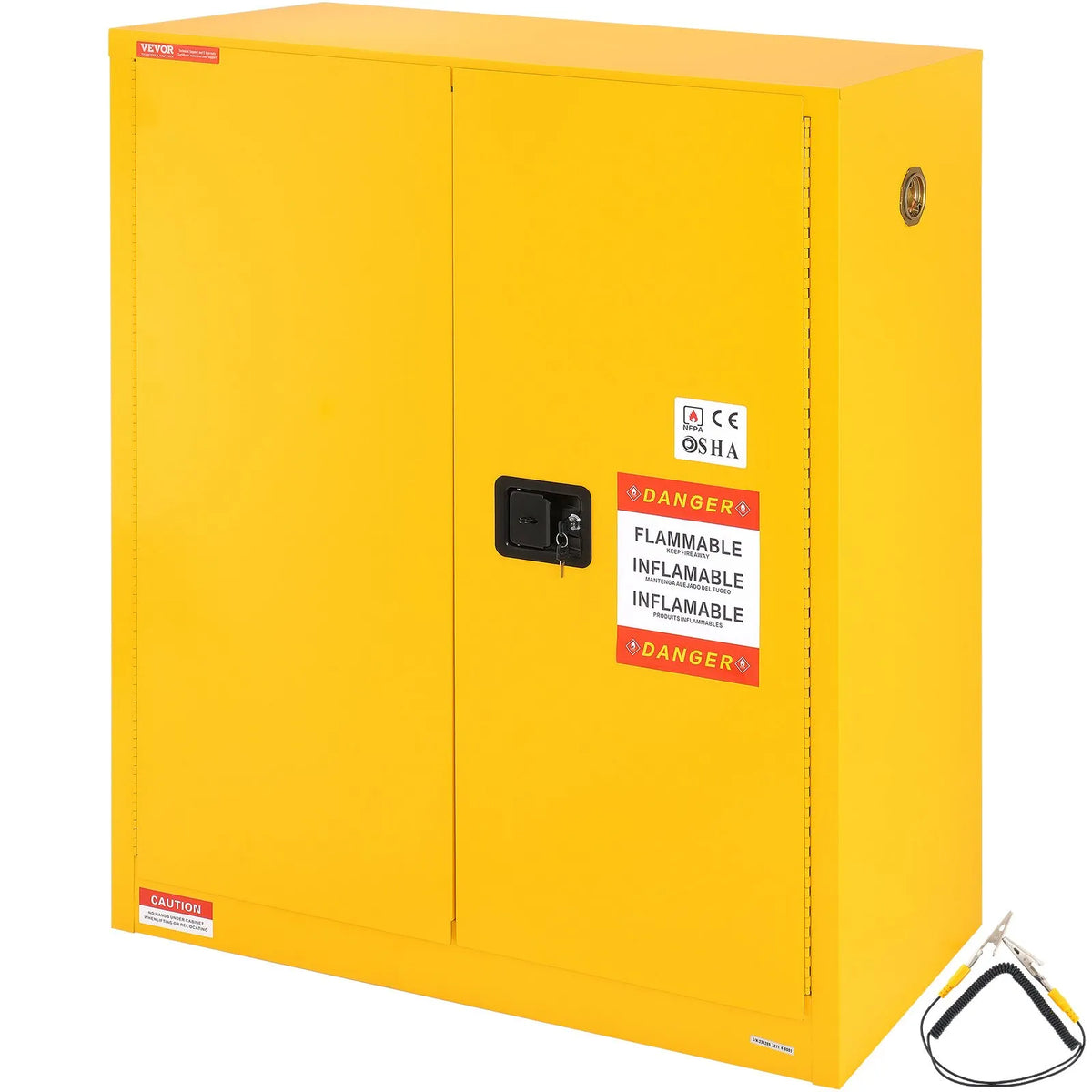 VEVOR 128,7 l uzliesmojošu šķidrumu drošības skapis 1095 × 460 × 1273 mm, Q235 auksti velmēta tērauda skapis ar 1 regulējamu plauktu, 2 manuāli aizveramām durvīm, ventilāciju un zemējumu, rūpnieciskai lietošanai, dzeltens.