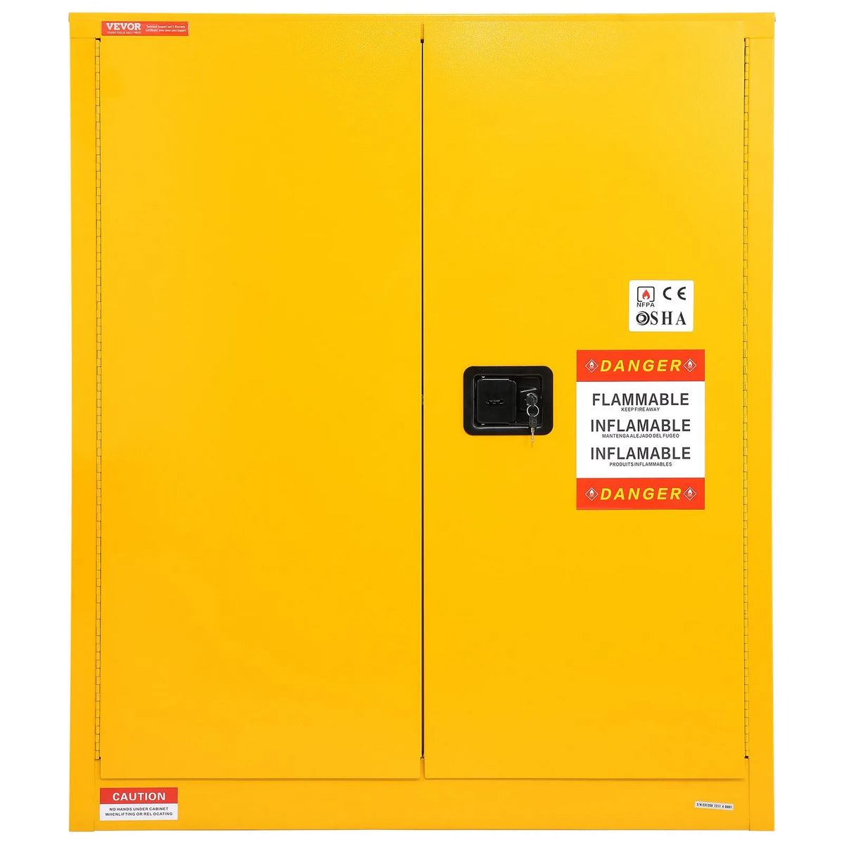 VEVOR 128,7 l uzliesmojošu šķidrumu drošības skapis 1095 × 460 × 1273 mm, Q235 auksti velmēta tērauda skapis ar 1 regulējamu plauktu, 2 manuāli aizveramām durvīm, ventilāciju un zemējumu, rūpnieciskai lietošanai, dzeltens.