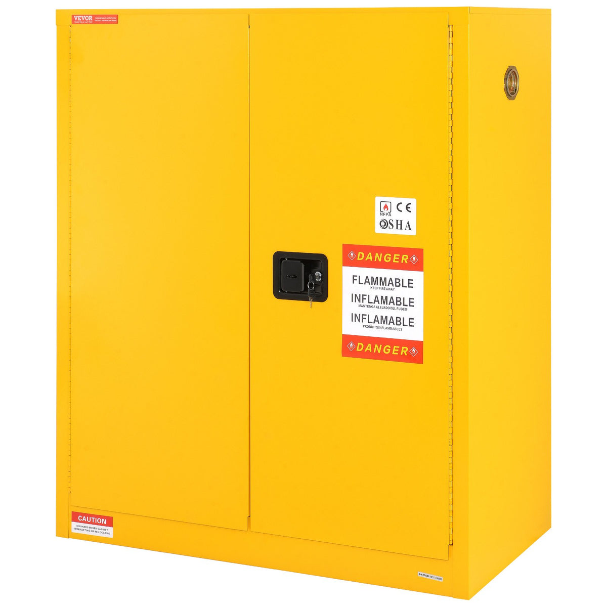 VEVOR 128,7 l uzliesmojošu šķidrumu drošības skapis 1095 × 460 × 1273 mm, Q235 auksti velmēta tērauda skapis ar 1 regulējamu plauktu, 2 manuāli aizveramām durvīm, ventilāciju un zemējumu, rūpnieciskai lietošanai, dzeltens.