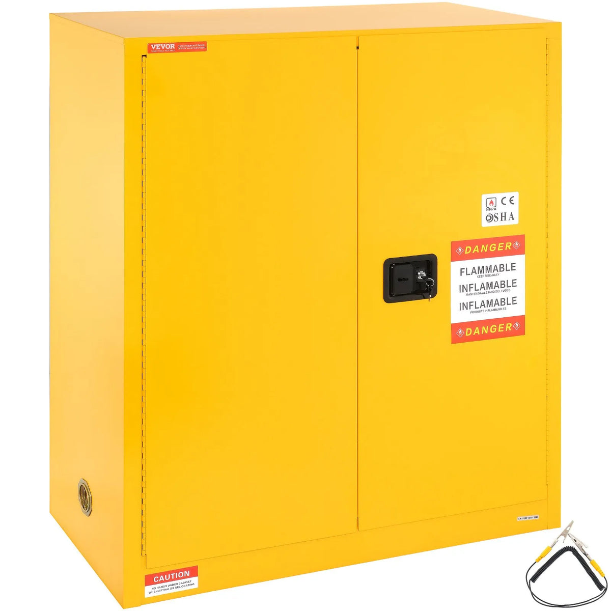 VEVOR 128,7 l uzliesmojošu šķidrumu drošības skapis 1095 × 460 × 1273 mm, Q235 auksti velmēta tērauda skapis ar 1 regulējamu plauktu, 2 manuāli aizveramām durvīm, ventilāciju un zemējumu, rūpnieciskai lietošanai, dzeltens.