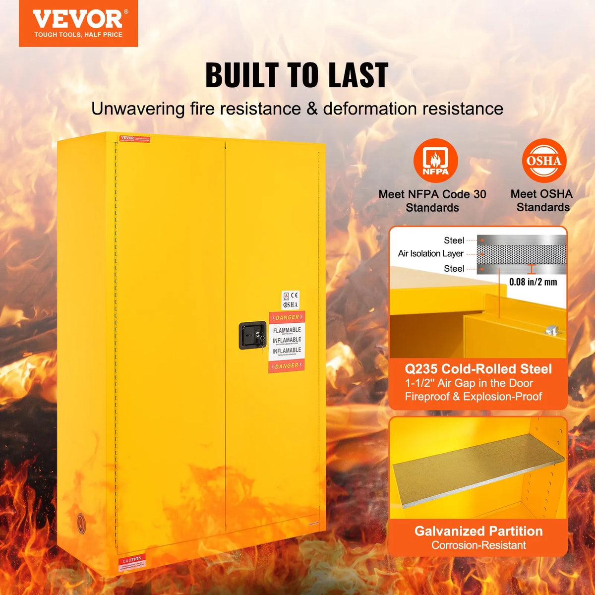 VEVOR 170.3 l Flammable Liquid Safety Cabinet 1090 × 460 × 1655 mm, Q235 Cold-Rolled Steel Cabinet with 2 Adjustable Shelves and 2 Manual Closing Doors, Industrial Use, Yellow