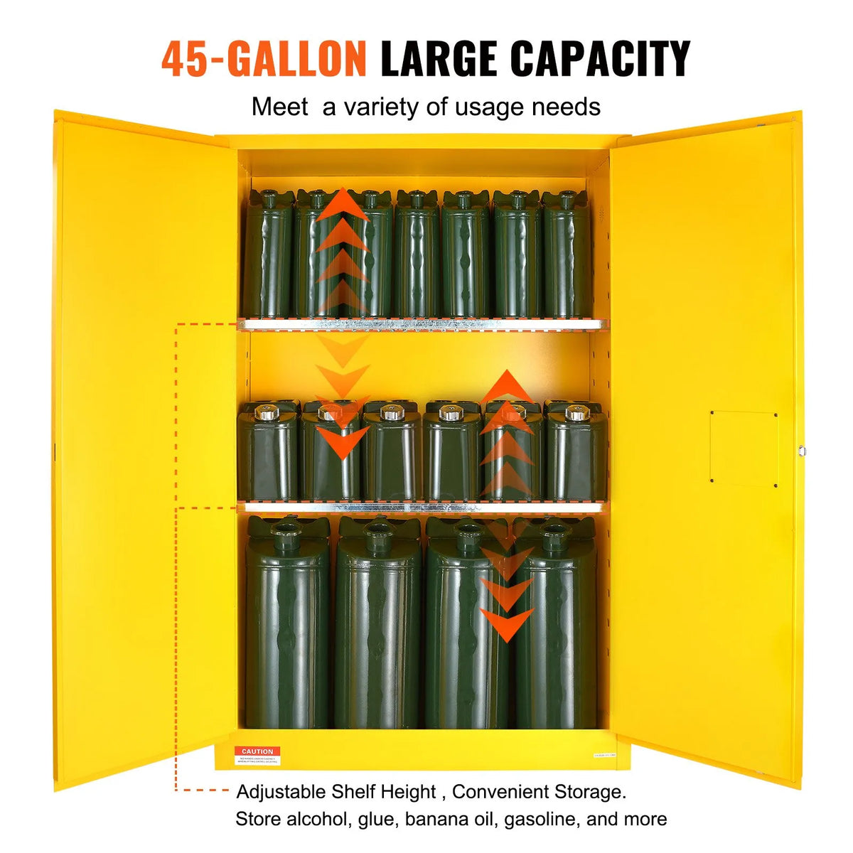 VEVOR 170.3 l Flammable Liquid Safety Cabinet 1090 × 460 × 1655 mm, Q235 Cold-Rolled Steel Cabinet with 2 Adjustable Shelves and 2 Manual Closing Doors, Industrial Use, Yellow
