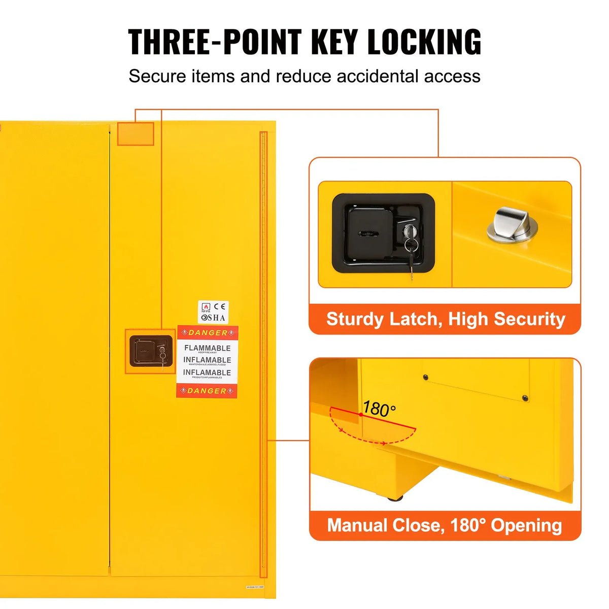 VEVOR 170.3 l Flammable Liquid Safety Cabinet 1090 × 460 × 1655 mm, Q235 Cold-Rolled Steel Cabinet with 2 Adjustable Shelves and 2 Manual Closing Doors, Industrial Use, Yellow