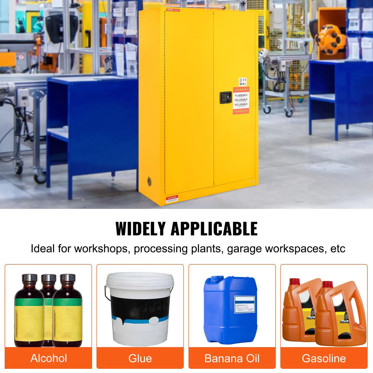 VEVOR 170.3 l Flammable Liquid Safety Cabinet 1090 × 460 × 1655 mm, Q235 Cold-Rolled Steel Cabinet with 2 Adjustable Shelves and 2 Manual Closing Doors, Industrial Use, Yellow