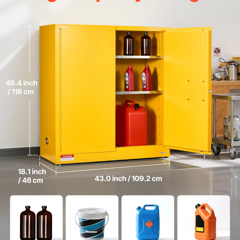 VEVOR 109,8 l uzliesmojošu šķidrumu drošības skapis 1092 × 460 × 1180 mm, Q235 un cinkota tērauda skapis ar 2 durvīm un 2 regulējamiem plauktiem, komerciālai, rūpnieciskai un mājas lietošanai, dzeltens.