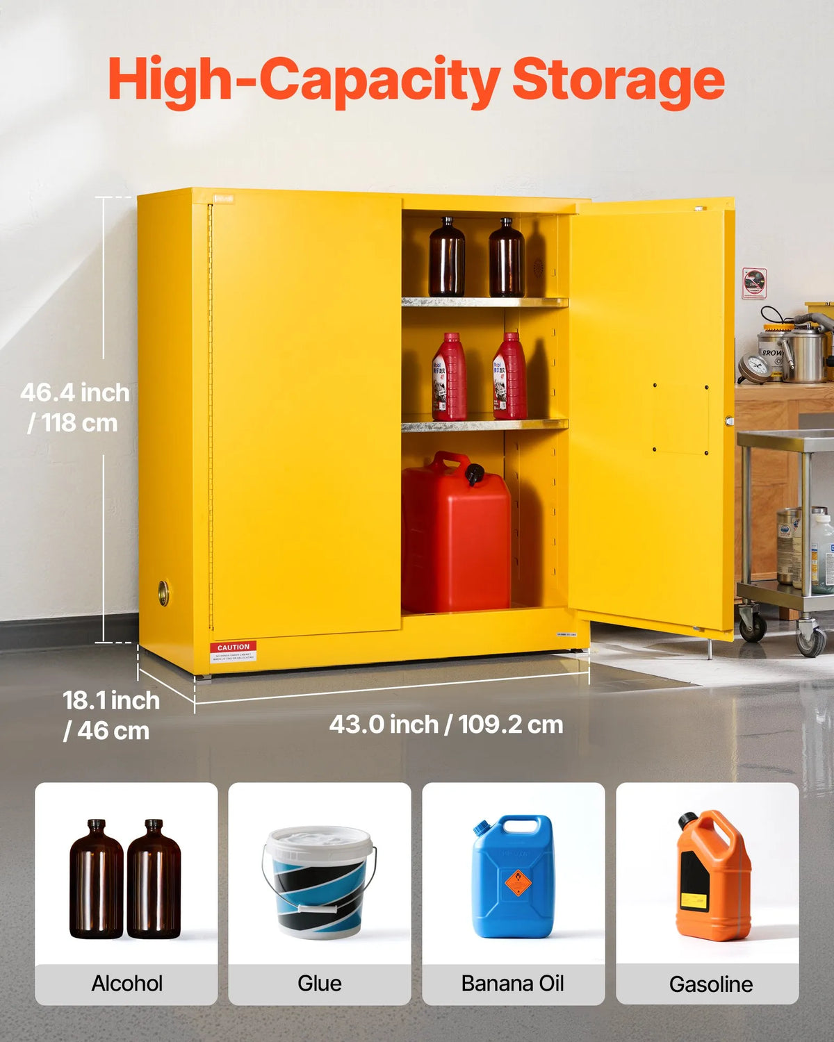 VEVOR 109,8 l uzliesmojošu šķidrumu drošības skapis 1092 × 460 × 1180 mm, Q235 un cinkota tērauda skapis ar 2 durvīm un 2 regulējamiem plauktiem, komerciālai, rūpnieciskai un mājas lietošanai, dzeltens.
