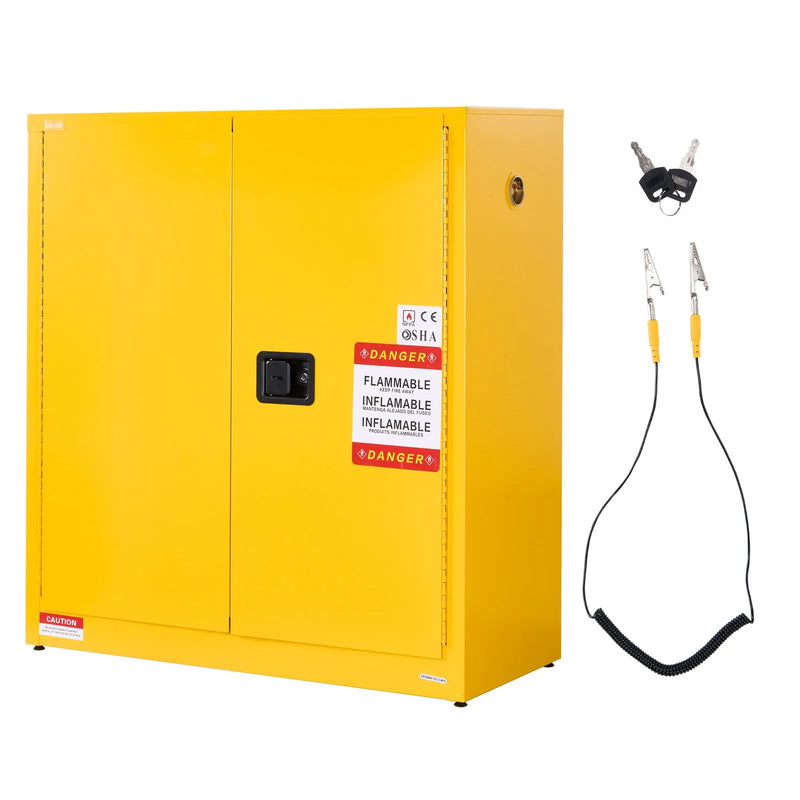VEVOR 109,8 l uzliesmojošu šķidrumu drošības skapis 1092 × 460 × 1180 mm, Q235 un cinkota tērauda skapis ar 2 durvīm un 2 regulējamiem plauktiem, komerciālai, rūpnieciskai un mājas lietošanai, dzeltens.