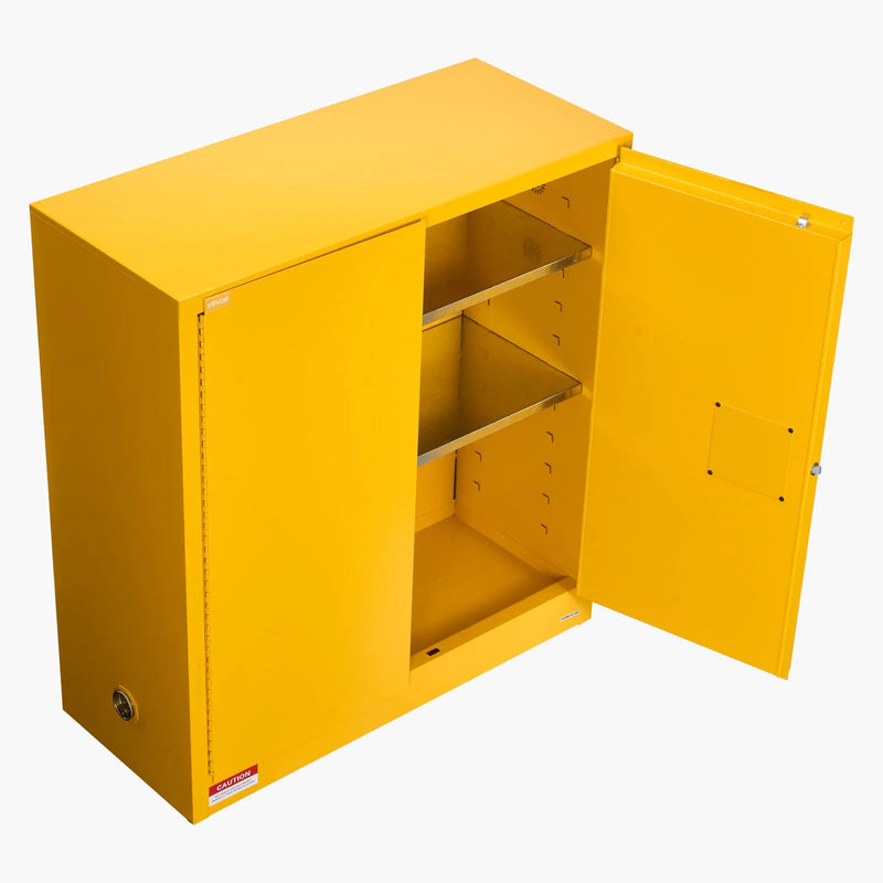VEVOR 109,8 l uzliesmojošu šķidrumu drošības skapis 1092 × 460 × 1180 mm, Q235 un cinkota tērauda skapis ar 2 durvīm un 2 regulējamiem plauktiem, komerciālai, rūpnieciskai un mājas lietošanai, dzeltens.