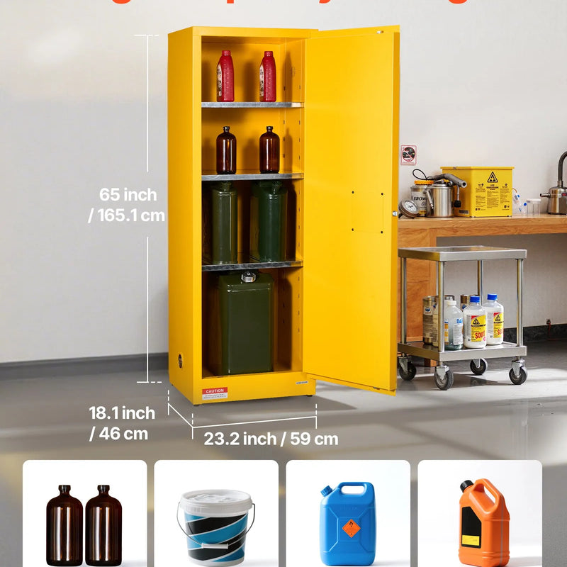 VEVOR 87,1 l uzliesmojošu šķidrumu drošības skapis 590 × 460 × 1651 mm, Q235 un cinkota tērauda skapis ar 3 regulējamiem plauktiem, slēdzamām durvīm, komerciālai, rūpnieciskai un mājas lietošanai, dzeltens