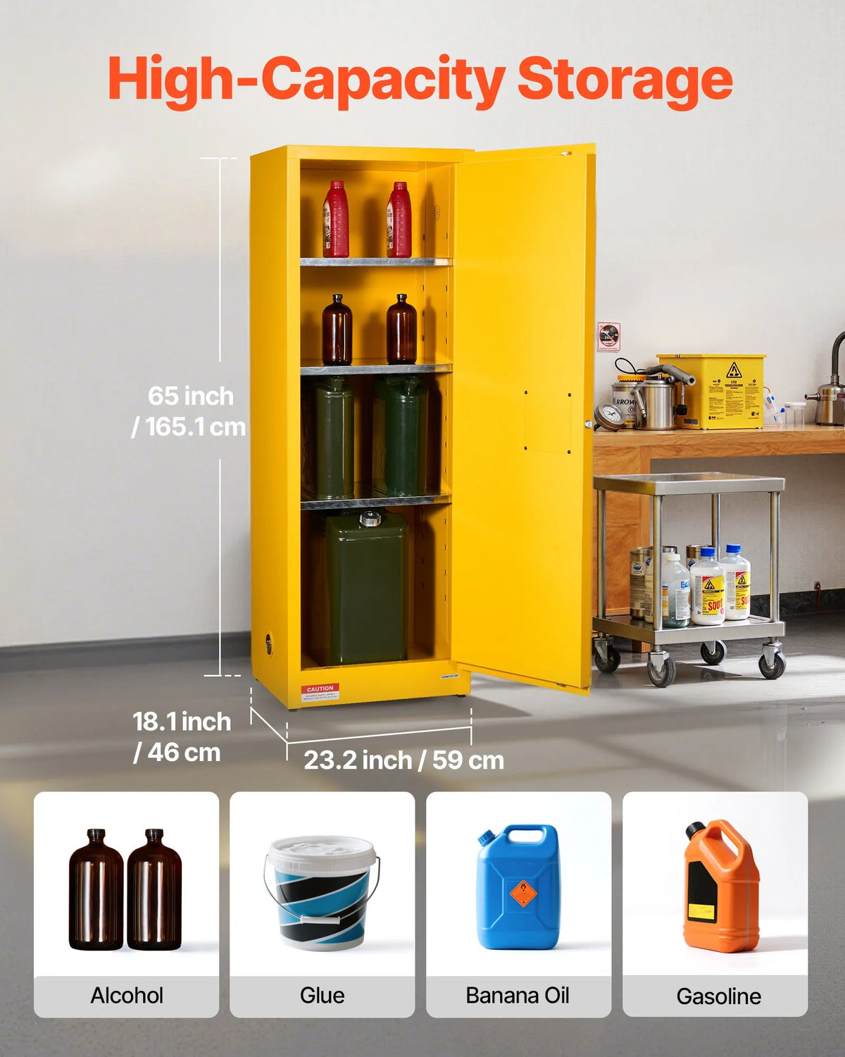 VEVOR 87,1 l tuleohtlike vedelike ohutuskapp 590 × 460 × 1651 mm, Q235 ja tsingitud terasest kapp 3 reguleeritava riiuliga, lukustatavate ustega, kaubanduslikuks, tööstuslikuks ja koduseks kasutamiseks, kollane