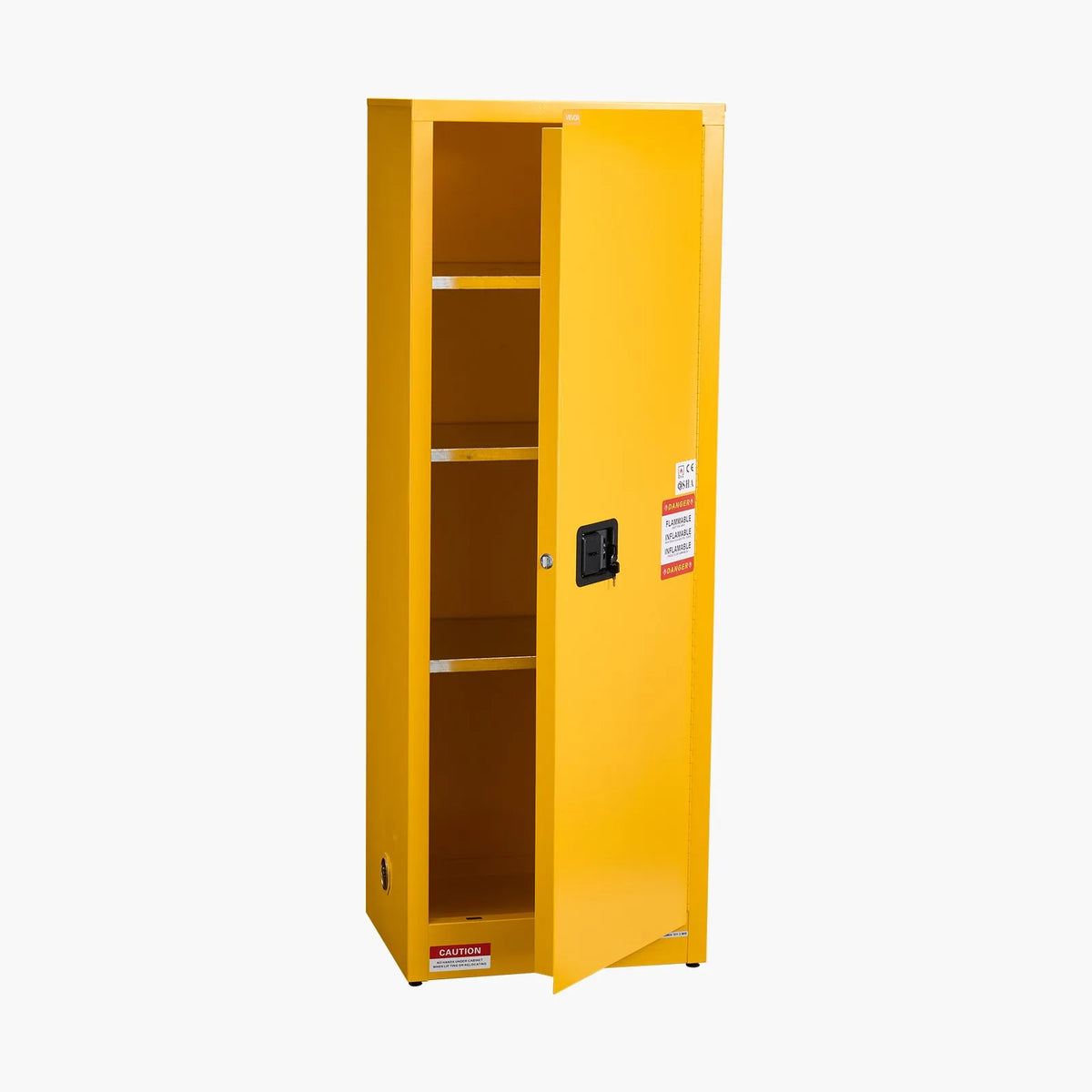 VEVOR 87,1 l tuleohtlike vedelike ohutuskapp 590 × 460 × 1651 mm, Q235 ja tsingitud terasest kapp 3 reguleeritava riiuliga, lukustatavate ustega, kaubanduslikuks, tööstuslikuks ja koduseks kasutamiseks, kollane