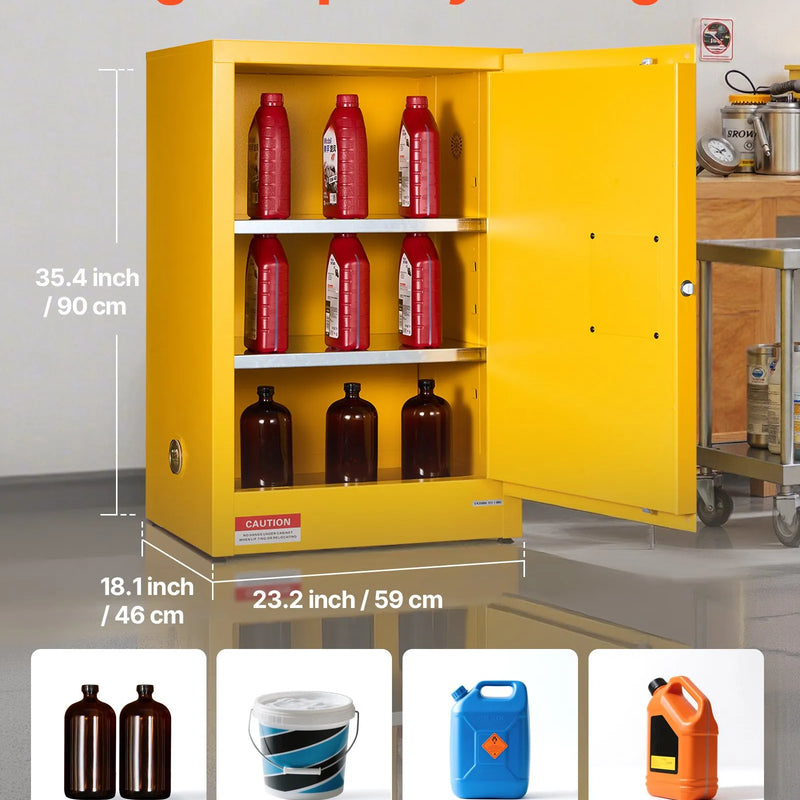 VEVOR 49,2 l uzliesmojošu šķidrumu drošības skapis, 590 × 460 × 900 mm, Q235 un cinkota tērauda skapis ar vienām durvīm un 2 regulējamiem plauktiem, rūpnieciskai un komerciālai lietošanai, dzeltens