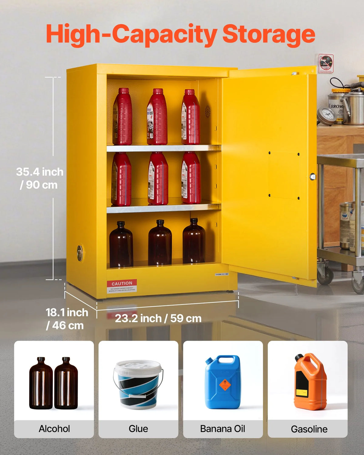 VEVOR 49,2 l tuleohtlike vedelike ohutuskapp, 590 × 460 × 900 mm, Q235 ja tsingitud terasest kapp ühe ukse ja 2 reguleeritava riiuliga, tööstuslikuks ja kaubanduslikuks kasutamiseks, kollane