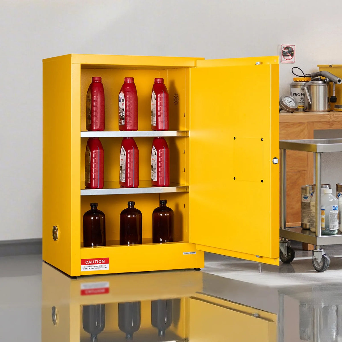 VEVOR 49,2 l tuleohtlike vedelike ohutuskapp, 590 × 460 × 900 mm, Q235 ja tsingitud terasest kapp ühe ukse ja 2 reguleeritava riiuliga, tööstuslikuks ja kaubanduslikuks kasutamiseks, kollane