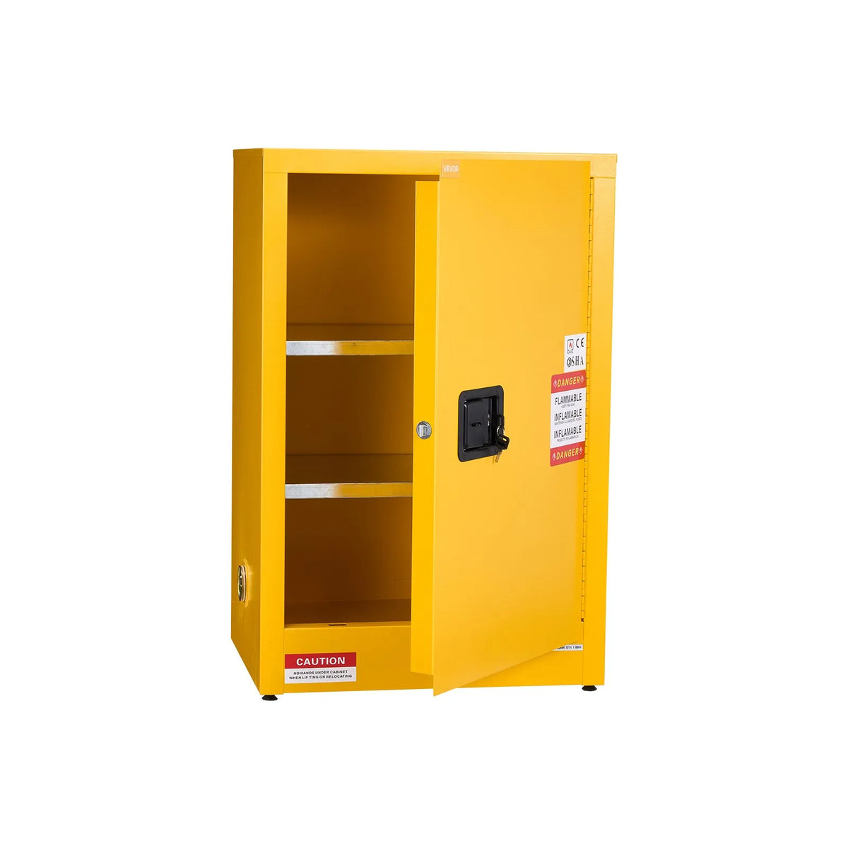 VEVOR 49,2 l tuleohtlike vedelike ohutuskapp, 590 × 460 × 900 mm, Q235 ja tsingitud terasest kapp ühe ukse ja 2 reguleeritava riiuliga, tööstuslikuks ja kaubanduslikuks kasutamiseks, kollane