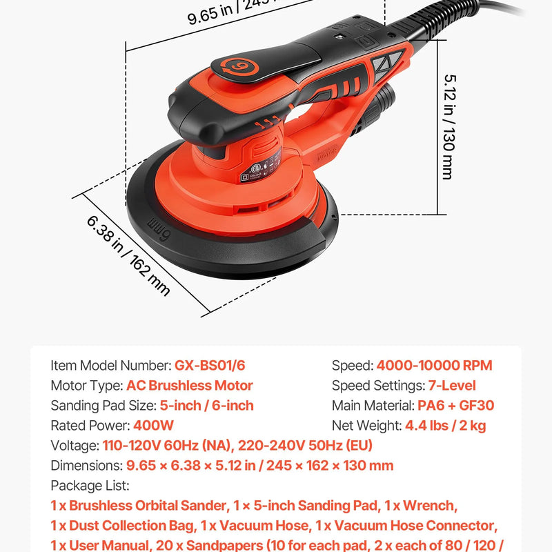 VEVOR 127/152 mm ekscentriskā slīpmašīna, 400 W bezsuku motors, 4000–10 000 apgr./min, 7 ātrumi, elektriskā rokas slīpmašīna ar 20 slīppapīriem, putekļu maisu un putekļsūcēja šļūteni kokapstrādei
