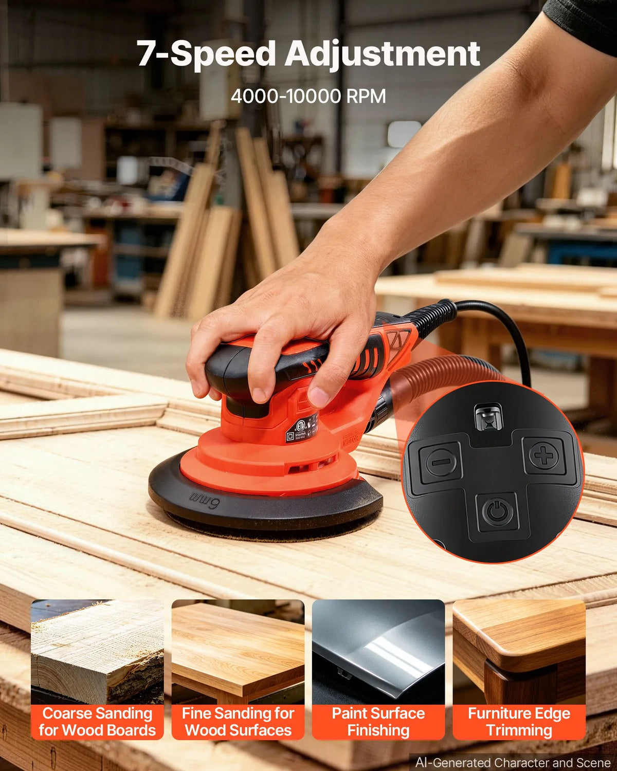 VEVOR 152 mm Eccentric Sander, 400 W Brushless Motor, 4000–10,000 RPM, 7 Speeds, Electric Hand Sander with 10 Sanding Sheets, Dust Bag and Dust Extractor Hose for Woodworking and Sanding