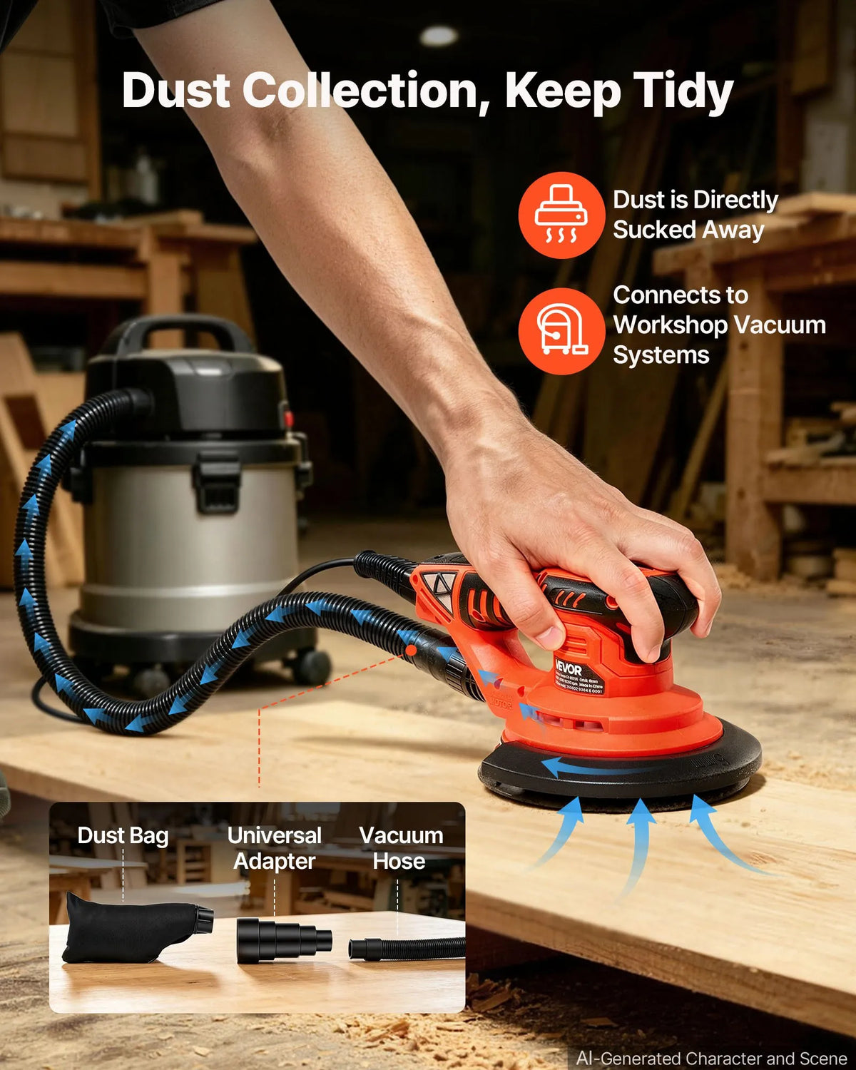 VEVOR 152 mm Eccentric Sander, 400 W Brushless Motor, 4000–10,000 RPM, 7 Speeds, Electric Hand Sander with 10 Sanding Sheets, Dust Bag and Dust Extractor Hose for Woodworking and Sanding