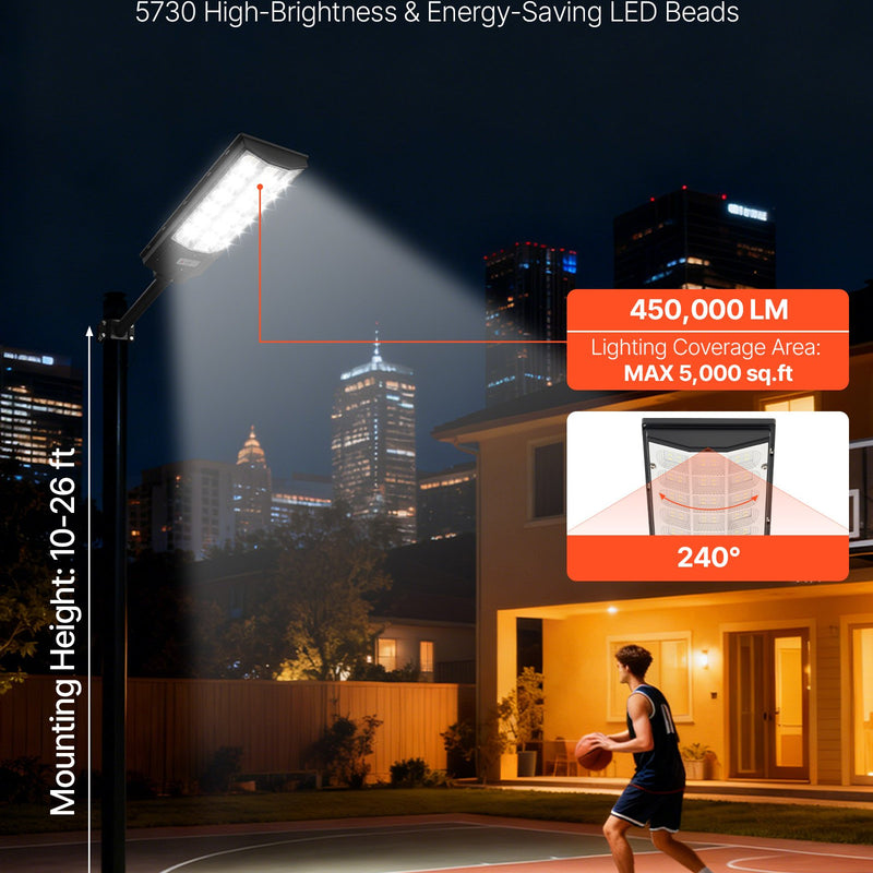 VEVOR 8000 W saules ielas lampa āra lietošanai 450000 lm LED drošības prožektors ar kustības sensoru, krēsla līdz rītausmai, IP65, piebraucamajam ceļam un pagalmam, 1 gab. - ZEMLETES.LV
