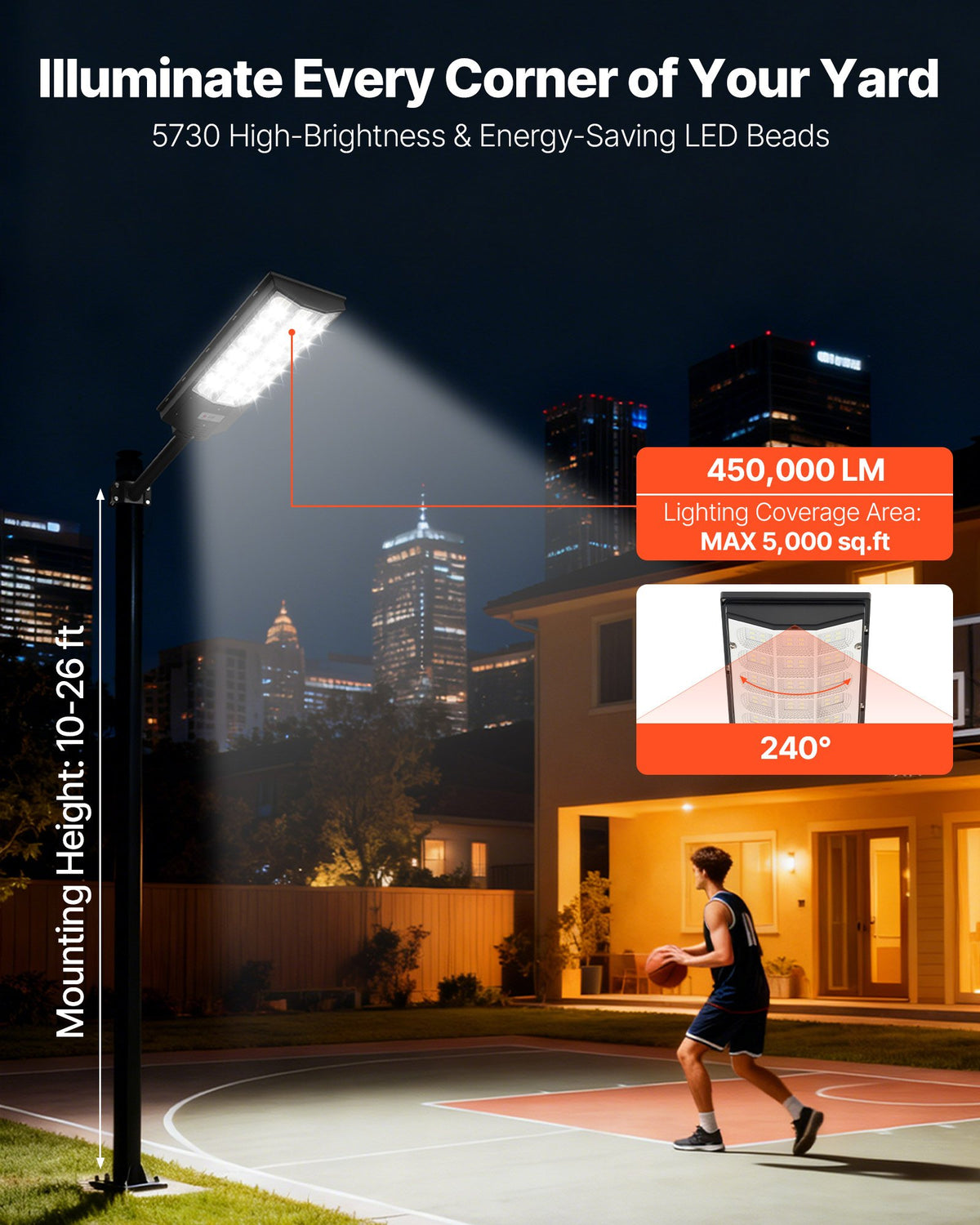 VEVOR 8000 W saules ielas lampa āra lietošanai 450000 lm LED drošības prožektors ar kustības sensoru, krēsla līdz rītausmai, IP65, piebraucamajam ceļam un pagalmam, 1 gab. - ZEMLETES.LV